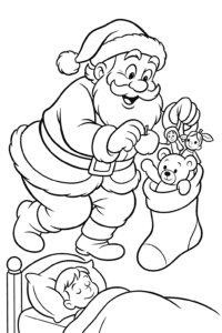 A jolly Santa Claus tiptoeing by a child’s bed, gently filling a giant stocking with toys, fruit, and a teddy bear.