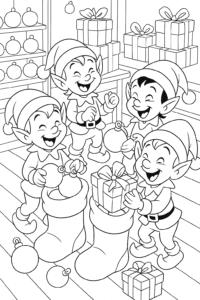 A group of playful elves in Santa hats giggling as they fill giant stockings with shiny ornaments and wrapped presents in a bustling North Pole workshop.