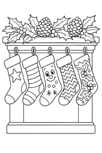 A row of uniquely decorated stockings, each with a different festive pattern, hanging from a colorful mantel with holly and pinecones.