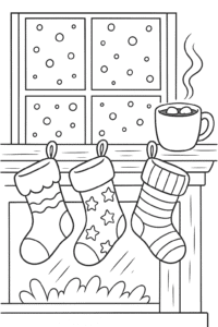 A snowy window scene with stockings of all shapes and patterns hanging on a wooden mantel, with snowflakes falling softly outside and a mug of hot cocoa nearby.