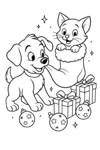 A playful puppy tugging at a stocking while a kitten peeks out from inside, surrounded by wrapped presents and sparkling ornaments.