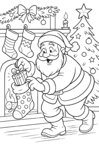Santa Claus himself, with rosy cheeks and a big smile, gently placing a shiny gift into a polka-dot stocking while tiptoeing through a festively decorated living room.