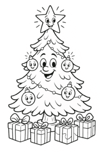 A cheerful Christmas tree with smiling ornaments, twinkling lights, and a big sparkling star on top, surrounded by wrapped presents.