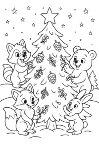 A family of woodland animals decorating a snowy outdoor Christmas tree with pinecones and berries under a starry winter sky.