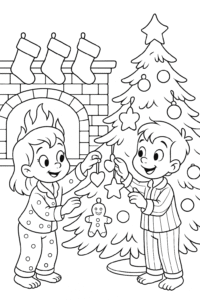 Two children in cozy pajamas hanging handmade decorations on a Christmas tree by a crackling fireplace, stockings hung above.