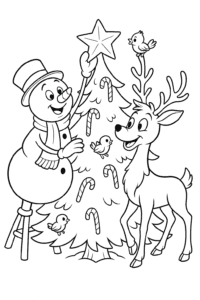 A friendly snowman and a reindeer placing a golden star on a forest Christmas tree, with candy canes and birds perched in the branches.