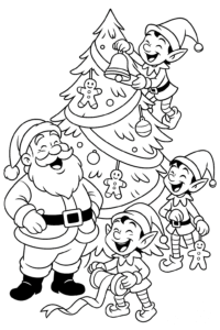 Santa Claus and his elves laughing as they decorate a gigantic Christmas tree with ribbons, bells, and gingerbread cookies at the North Pole.
