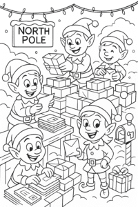 A team of cheerful elves in green and red uniforms sorting piles of Christmas letters and parcels inside a snowy North Pole post office, with candy cane mailboxes and twinkling lights overhead.
