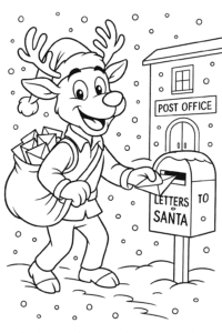A smiling reindeer mail carrier wearing a Santa hat, delivering a big sack of colorful letters to Santa’s mailbox outside the post office, while snow gently falls all around.