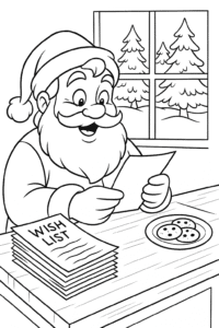 Santa Claus seated at a desk, happily reading letters from children around the world, with a stack of wish lists and cookies nearby, and a big window showing snowy pine trees.