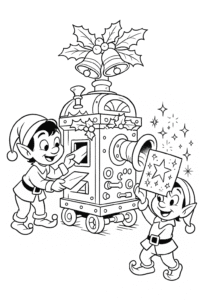 A magical mail sorting machine decorated with holly and bells, chugging along as elves feed in letters and out pop sparkling Christmas cards ready for delivery.