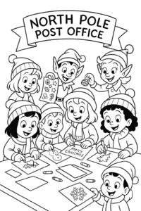 A group of children dressed in cozy winter clothes, writing and decorating their own Christmas cards at a craft table inside the North Pole post office, with elves offering stickers and glittery stamps.
