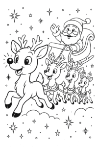 Rudolph the Red Nosed Reindeer happily leading Santa’s sleigh through a snowy night sky, with twinkling stars and excited reindeer friends following behind.