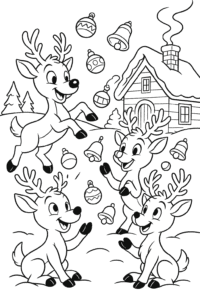 Rudolph and his reindeer pals playing reindeer games, tossing colorful ornaments and bells in the snow near a cozy North Pole cabin.