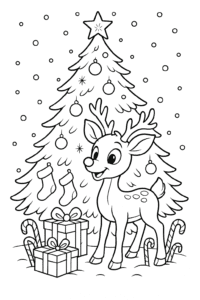 Rudolph standing under a sparkling Christmas tree, surrounded by presents, candy canes, and stockings, with a gentle snowfall drifting down.