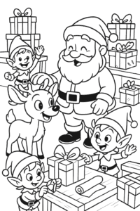Santa Claus giving Rudolph a cheerful pat on the head while elves cheer and wrap gifts in a bustling, festive workshop scene.