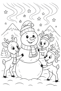 Rudolph and his friends building a giant snowman, wearing scarves and hats, with snowy mountains and the Northern Lights glowing above.