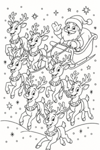 A group of eight cheerful reindeer with jingle bell collars pulling Santa’s sleigh across a snowy, star-filled sky.