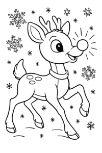 Rudolph the Red-Nosed Reindeer leading the way with his glowing red nose, as snowflakes twinkle around him.