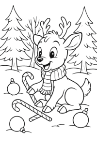 A baby reindeer in a cozy scarf playing reindeer games with candy canes and Christmas ornaments in a wintery forest.