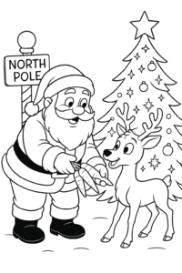 Santa feeding tasty carrots to his reindeer beside a North Pole sign and a sparkling Christmas tree.