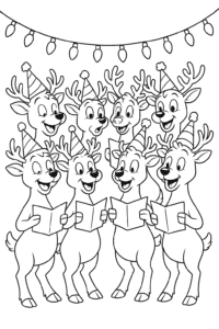 All nine reindeer wearing party hats and singing Christmas carols together under a string of colorful lights.