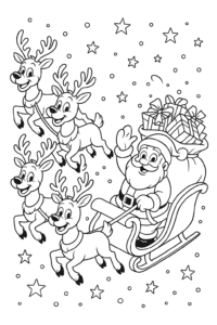 Santa Claus and his jolly reindeer flying through a snowy night sky, sleigh overflowing with gifts and twinkling stars all around.