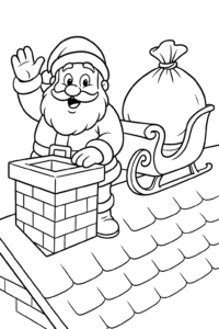 Santa’s sleigh parked on a rooftop, with Santa waving and a big sack of presents ready to go down the chimney.