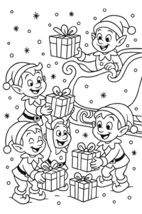 A team of cheerful elves loading colorful wrapped gifts onto Santa’s sleigh, while snow gently falls around them.