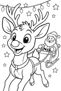 A close-up of a smiling Rudolph leading the sleigh, his red nose shining bright as Christmas lights twinkle in the background.