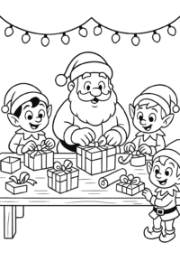 Santa Claus and his team of cheerful elves wrapping colorful presents at a long wooden workbench with twinkling fairy lights overhead.