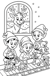 A friendly reindeer peeking through a snowy workshop window as elves paint wooden trains and teddy bears on a busy toy assembly line.