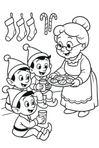 Mrs. Claus serving warm cookies and milk to elves taking a break in a cozy corner with stockings and candy canes hanging on the wall.