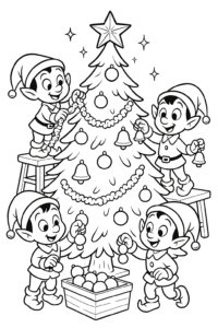 A sparkling Christmas tree in the center of the workshop, with elves decorating it with ornaments, popcorn garlands, and shiny bells.