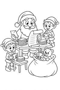 Santa checking his big list twice at a desk piled with letters from children, while elves sort envelopes and fill a giant red sack with toys.