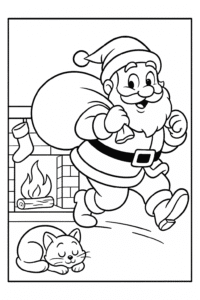 A jolly Santa Claus tiptoeing across the room, carrying a sack of presents, as a sleepy cat curls up by the fire.