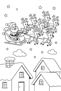 A magical sleigh pulled by eight reindeer flying high across a starry night sky above snowy rooftops.