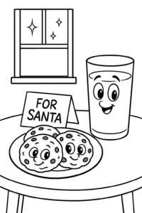 A plate of cookies and a glass of milk waiting on a table, with a handwritten note for Santa, next to a sparkling window.