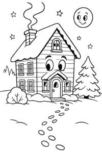 A snowy front yard with a classic house, smoke curling from the chimney, and a moon shining down on footprints in the snow.