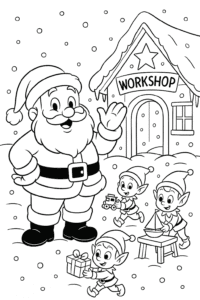 Santa Claus waving cheerfully outside his snowy, twinkling North Pole workshop with elves bustling around.