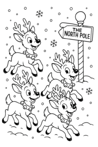 A team of playful reindeer wearing jingle bell collars, prancing through fluffy snowflakes near a candy cane signpost that points to 'The North Pole.'