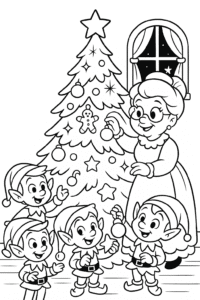 Mrs. Claus and a group of happy elves decorating a tall Christmas tree with sparkling ornaments and gingerbread cookies inside a cozy, glowing room.
