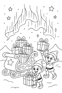 Santa’s magical sleigh parked beside the shimmering Northern Lights, with elves loading colorful gifts and a starry sky above.