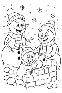 A jolly snowman family wearing cozy hats and scarves, building a snow fort under gently falling snowflakes
