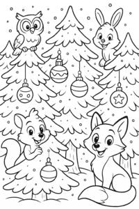 A sparkling forest of pine trees covered in snow, with friendly woodland animals peeking out and Christmas ornaments hanging from the branches