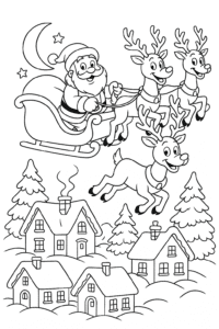 Santa Claus and his reindeer flying over a snowy village, houses glowing with warm holiday lights