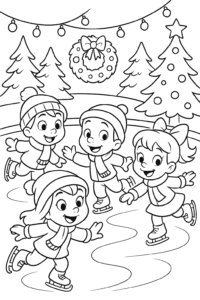 Children ice skating on a frozen pond, surrounded by twinkling fairy lights and Christmas decorations