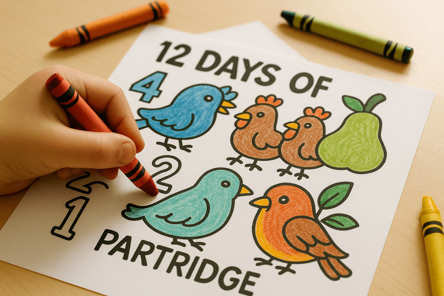 12 Days of Christmas Coloring Pages (Calling Birds, Hens, Doves & A Partridge)
