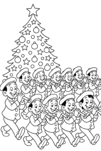 Eleven merry pipers piping, each with a different colorful pipe, playing cheerful tunes while marching past a giant decorated Christmas tree.