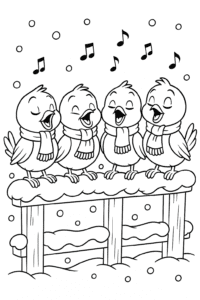 Four cheerful calling birds perched on a snowy fence, each wearing tiny winter scarves and singing festive tunes as snowflakes gently fall around them.